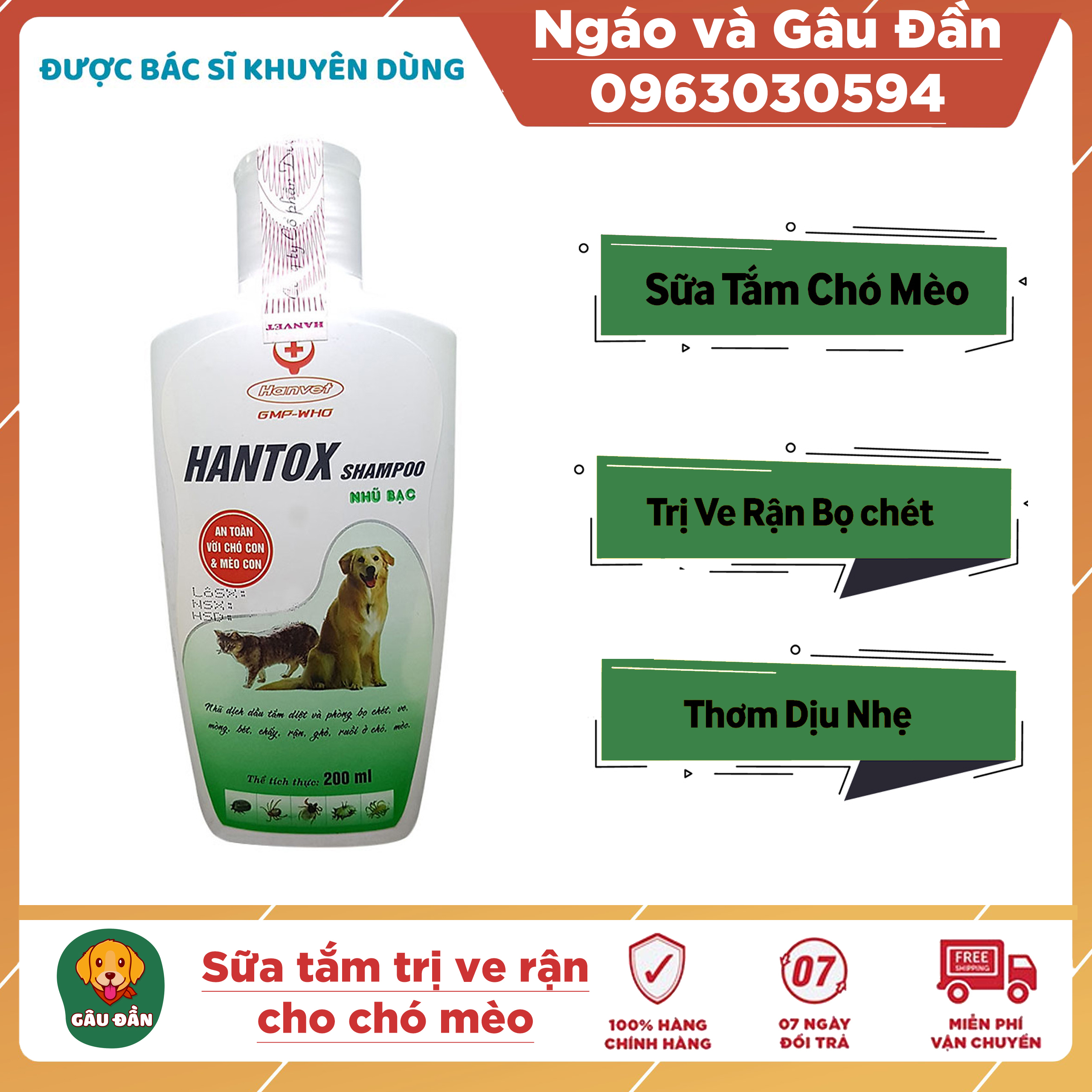 Sữa Tắm Trị Ve Rận Bọ Chét Cho Chó Mèo Hantox Shampoo Xanh 200ml