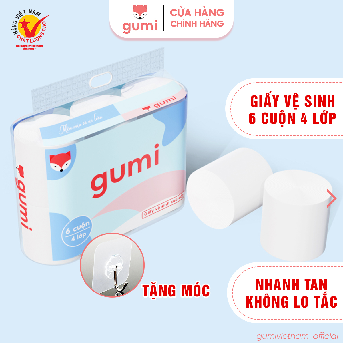 Giấy vệ sinh không lõi, giấy cuộn vệ sinh Gumi gồm 6 cuộn to dai dày dặn và dễ tan trong nước, tặng móc treo tiện lợi