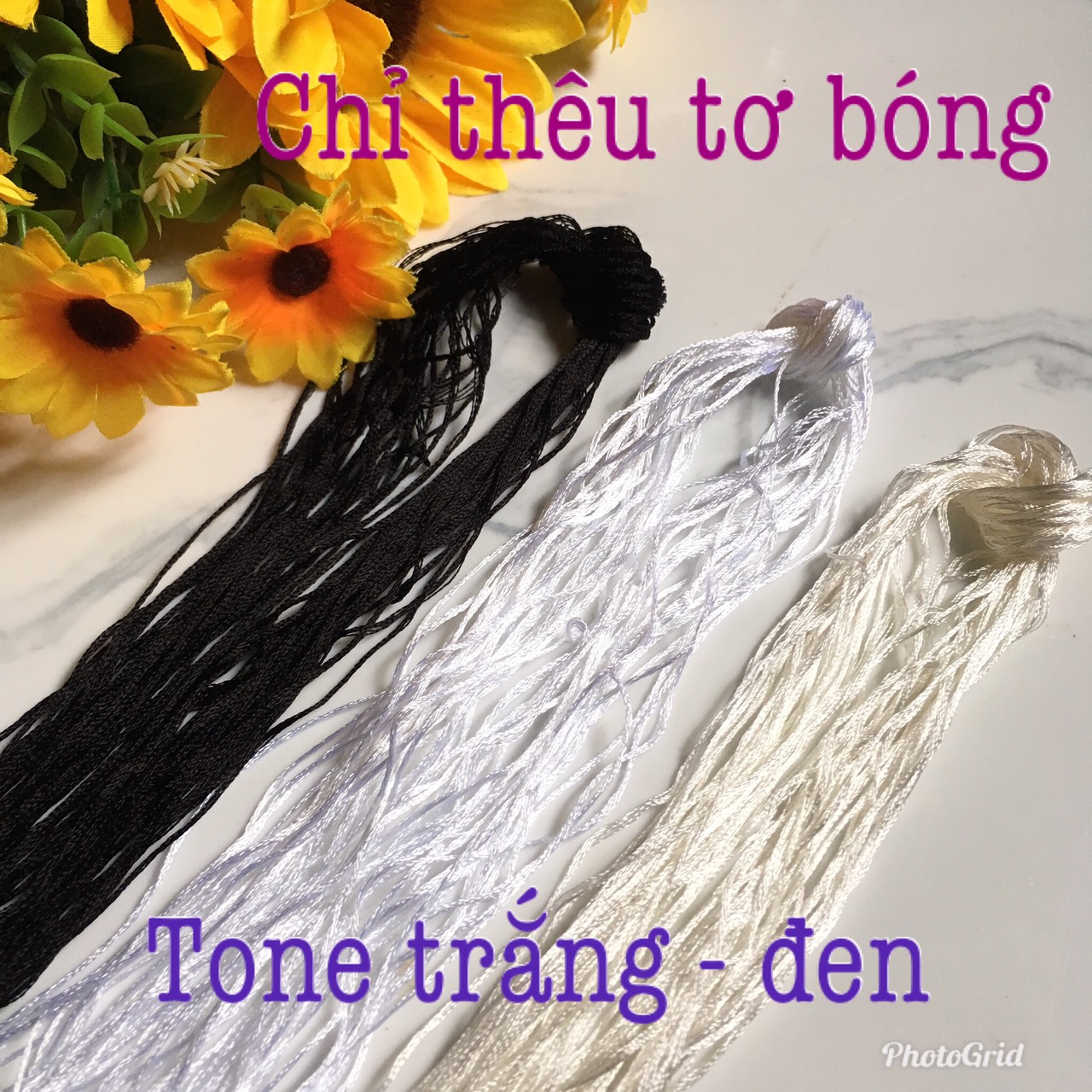 🌿🌺chỉ thêu tơ bóng tone trắng/ đen 🌿🌺