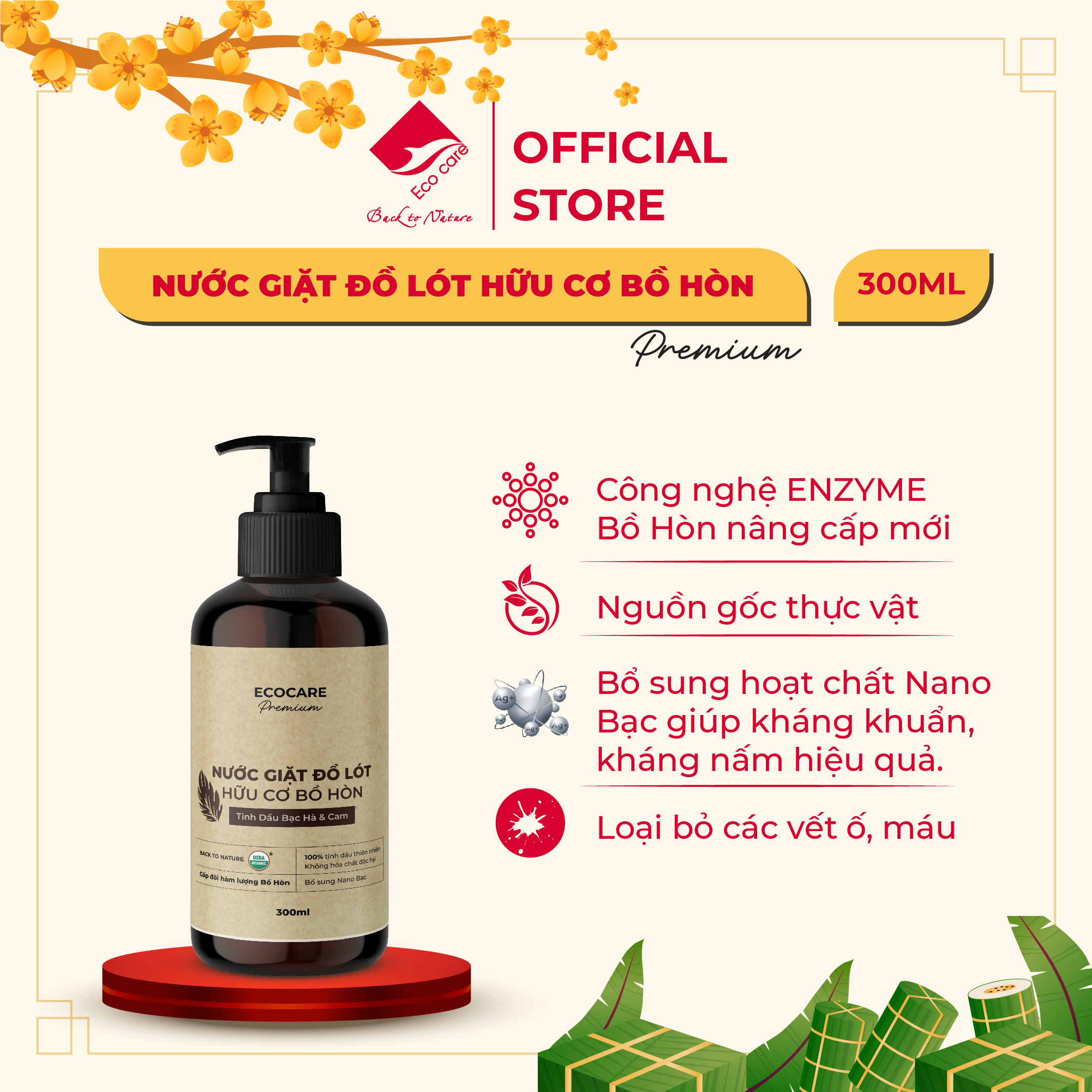 Nước Giặt Đồ Lót Hữu Cơ ECOCARE Hương Cam Bạc Hà 300ml Giảm 99,9% Vi Khuẩn