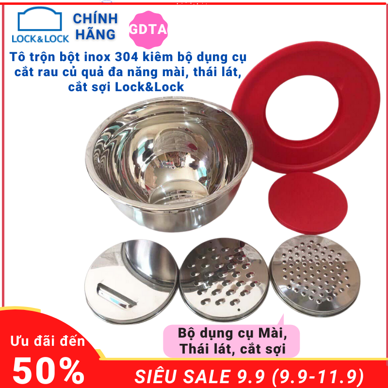Tô trộn bột, âu trộn bột inox 304 kiêm bộ dụng cụ cắt rau củ quả  đa năng mài, thái lát, cắt sợi   Lock&Lock size 20 và 24 cm MIX 3202, MIX3204 dùng trộn bột, salad, đánh trứng..