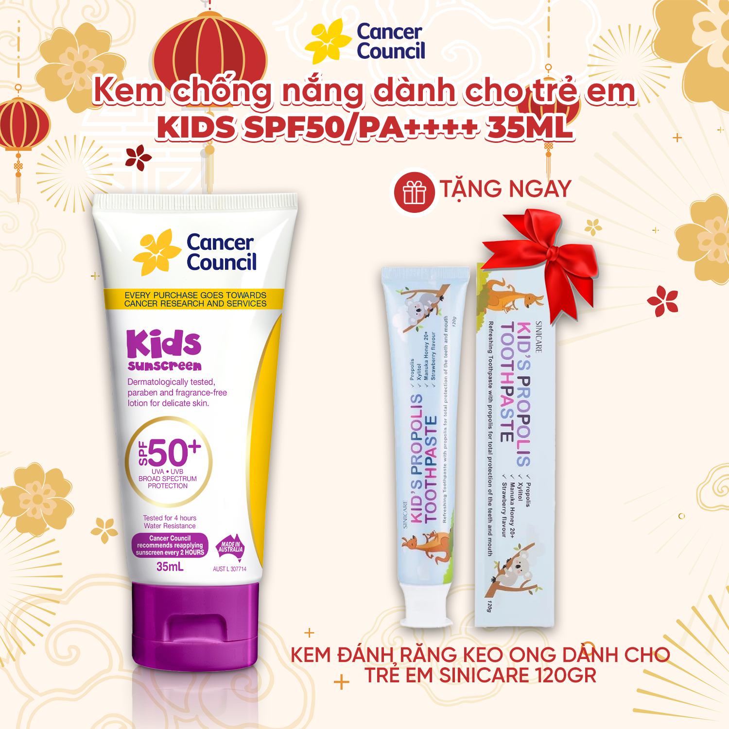 Kem chống nắng trẻ em Cancer Council Kids SPF 50+ PA ++++ 35ml
