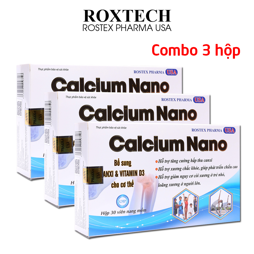 Combo 3 hộp Viên uống canxi Calcium Nano, omega 3, vitamin D3, kẽm giúp tăng chiều cao, chắc khỏe xương, ngừa loãng xương - 30 viên