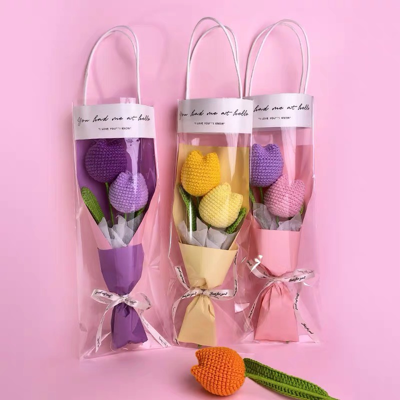 Hoa Tulip làm bằng len, set 2 bông hoa tulip vĩnh cửu làm quà tặng, để bàn làm việc, hoa handmade - Len Móc Tay