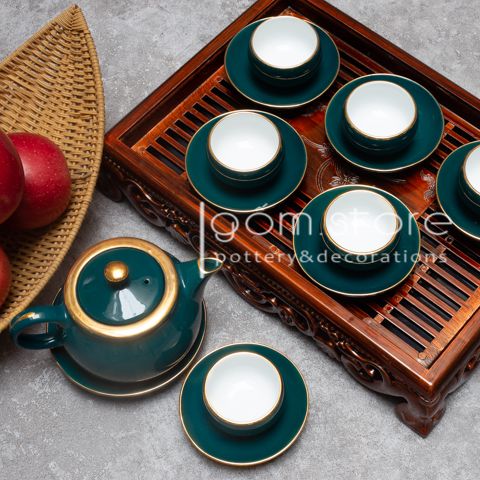 Bộ ấm chén Bát Tràng men xanh cổ vịt vẽ chỉ vàng kim