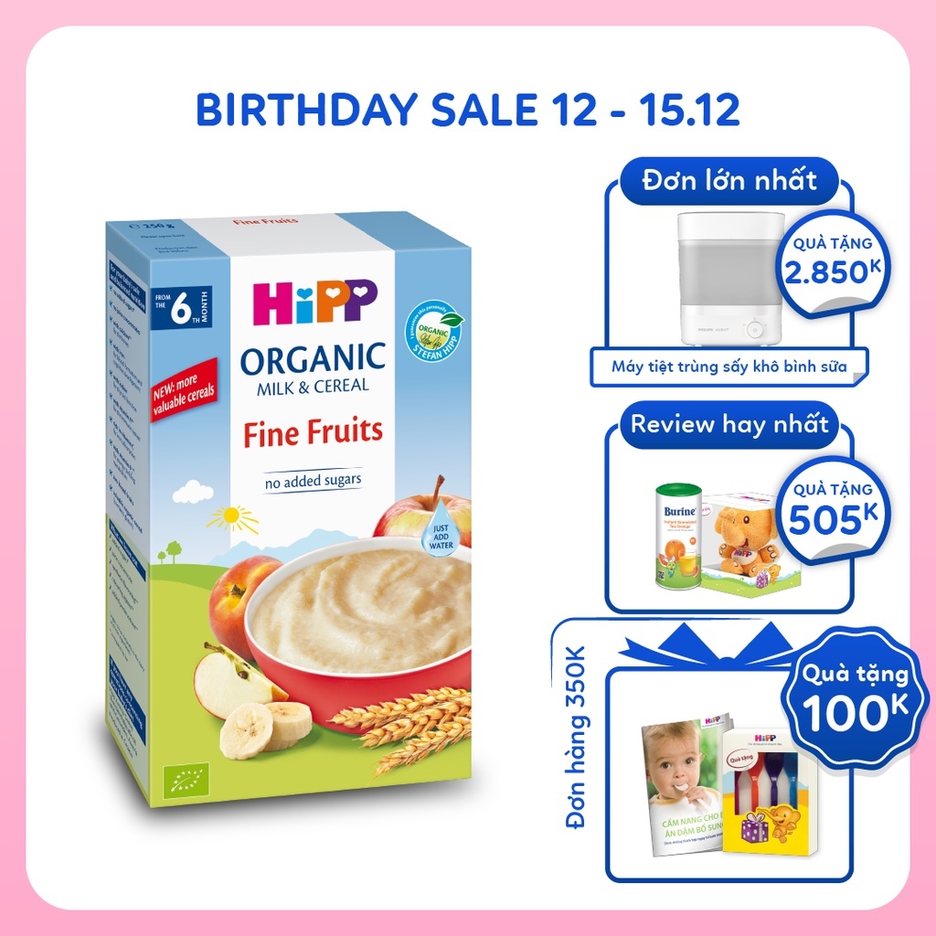 [Mã LTP50 giảm 50000 đơn 150000] Bột ăn dặm dinh dưỡng Sữa Hoa quả tổng hợp - Táo Chuối Lê Đào HiPP Organic 250g