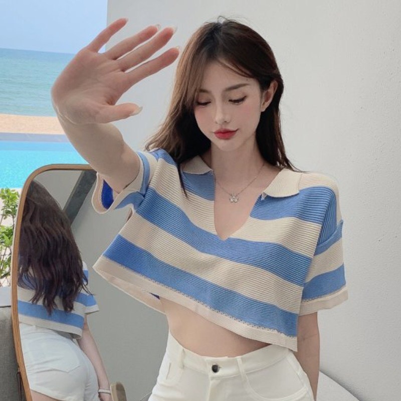 Áo Croptop Len Kẻ Cổ Bẻ Dáng Rộng Hàng QC (VIDEO, ÁNH THẬT)