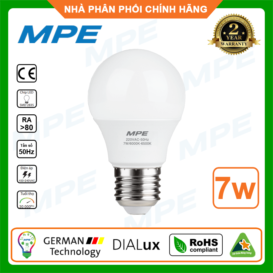 Đèn Led MPE - BH 2 năm - Bóng đèn led búp tròn 7W LBD-7T, LBD-7V siêu sáng hàng Việt Nam, công nghệ Đức - Chất lượng cao
