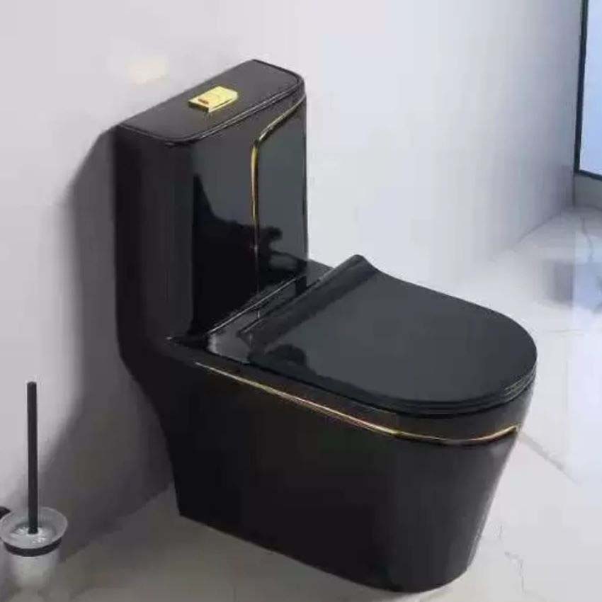 Bồn cầu 1 khối màu đen bóng viền vàng thân cao xả xoáy mạnh