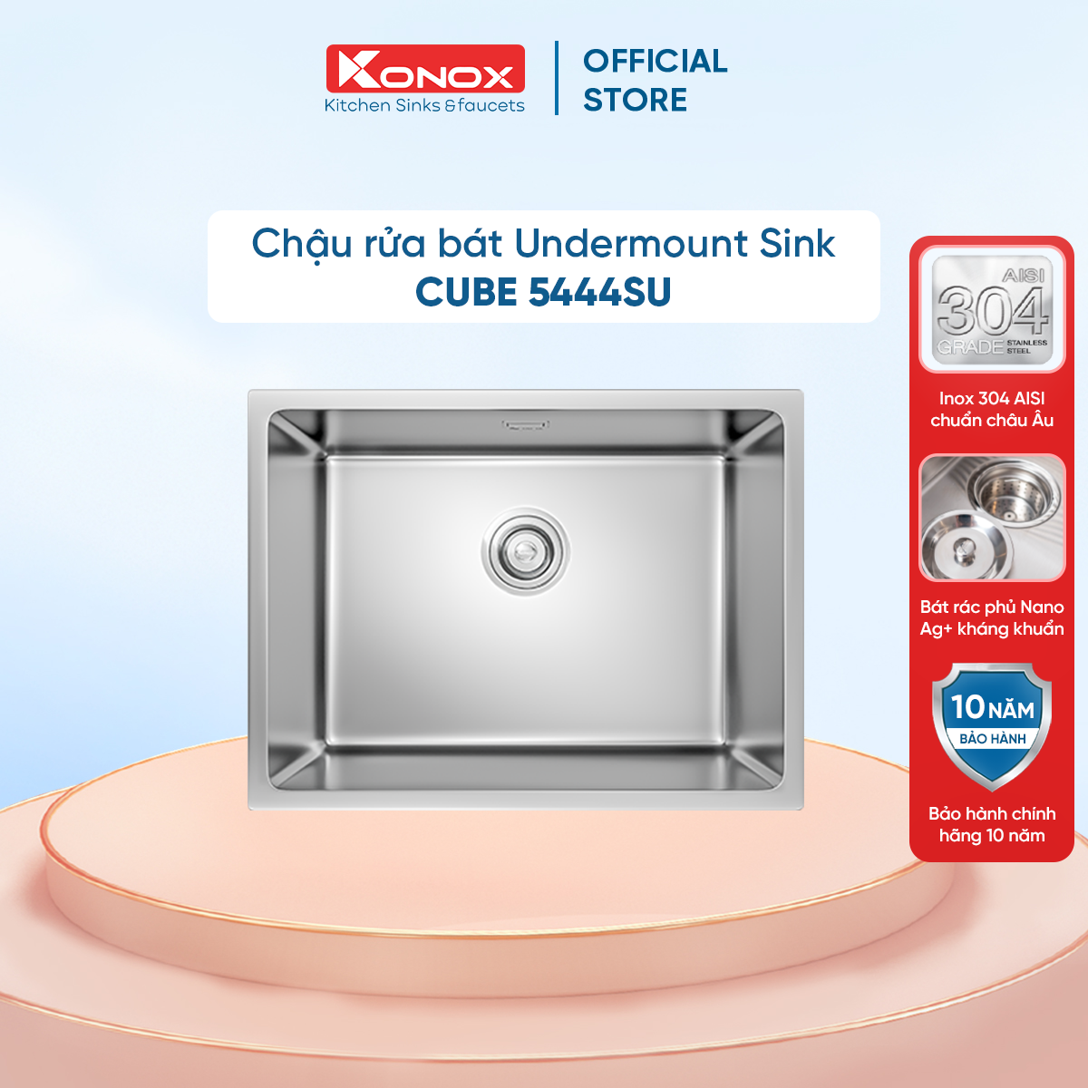 Chậu rửa bát inox 1 hố lắp âm konox cube 5444su