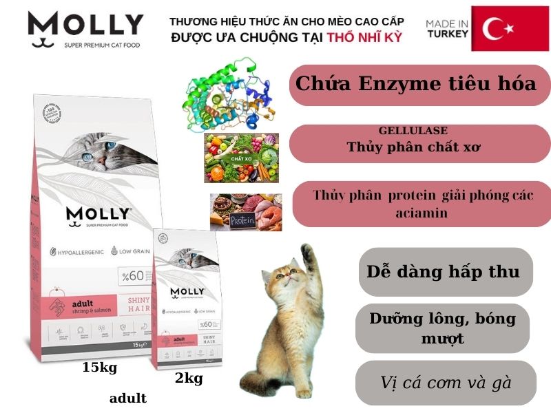 Thức Ăn Hạt Molly Cho Mèo Dưỡng Lông 2kg, 15kg