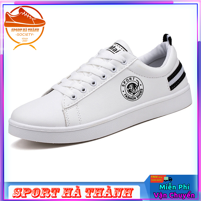 Giày nam trắng - Fashion KuMaii gót kẻ đen trắng - Giày Sneaker Nam SPORRT HÀ THÀNH