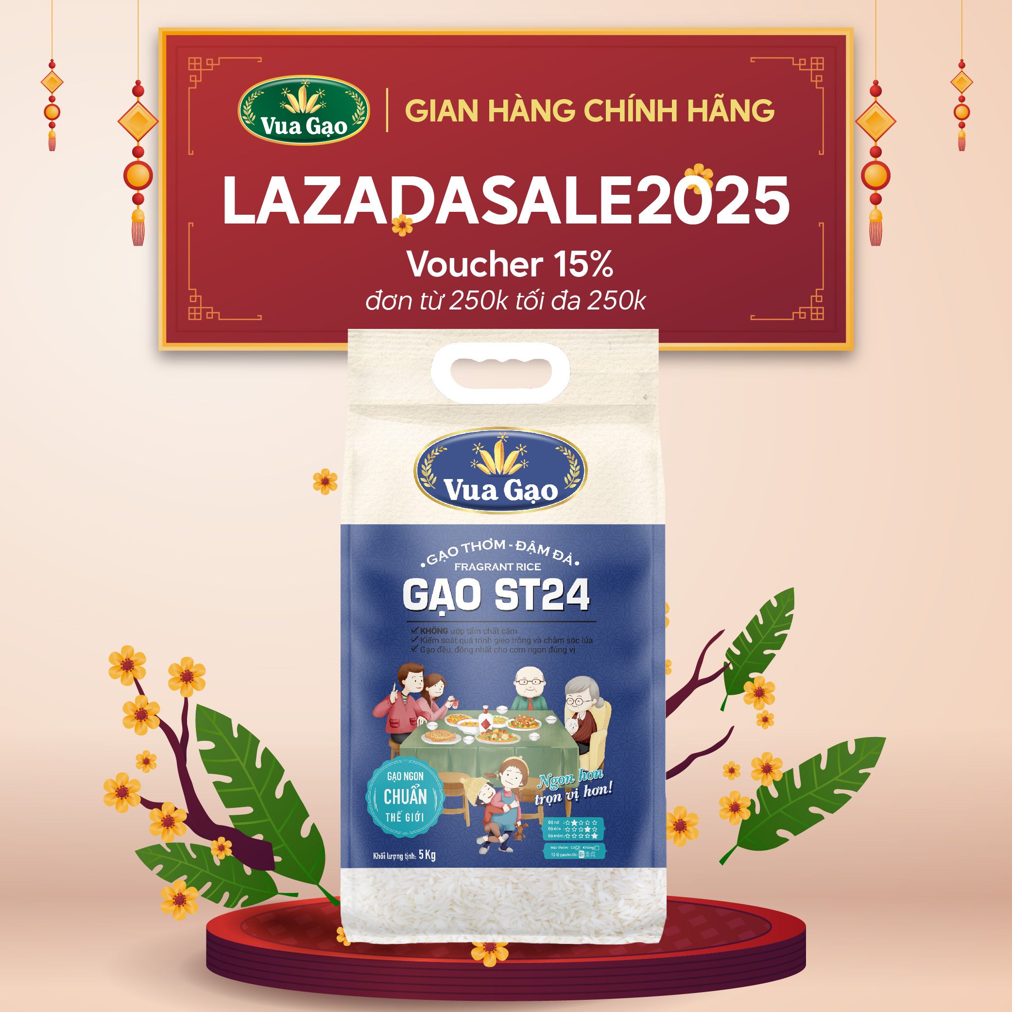 Gạo ST24 Đậm Đà Túi 5kg - Chính Hãng Vua Gạo - Gạo Thơm Ngon, Dẻo Nhiều, Vị Ngọt Hậu - Top 1 Thế Giới 2017