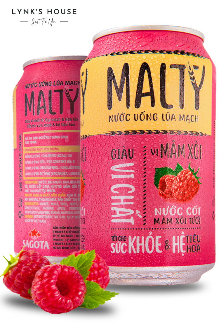 Nước uống lúa mạch vị Mâm Xôi MALTY. MALTY thanh mát, hoàn toàn tự nhiên.Thùng 24 lon/330ml