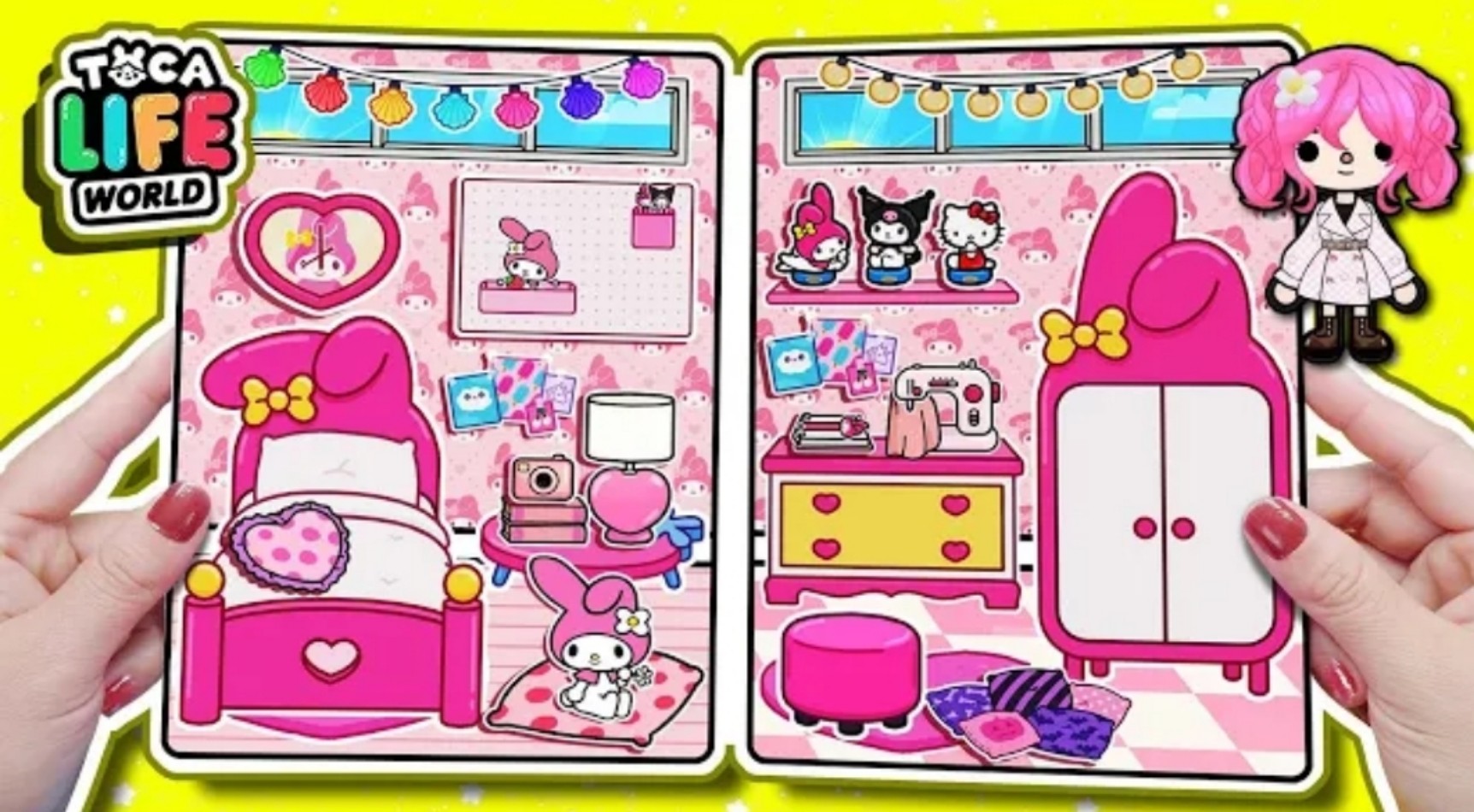 CandyHome Paper -Ngôi nhà búp bê giấy Nhân Vật búp bê toc hồng cài Hoa Buốm
