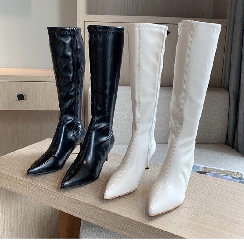 Giá siêu rẻ- boot nữ, boot gối cao gót mũi nhọn gót nhọn 7cm khóa cạnh da lì siêu chảnh- g751