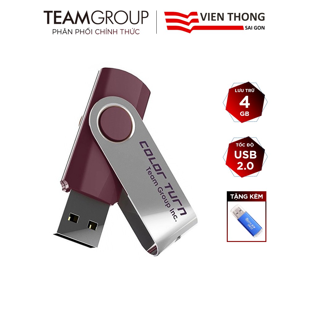 USB 2.0 Team Group E902 4GB INC nắp xoay 360 (Tím) tặng đầu đọc thẻ micro (ngẫu nhiên) - Hãng phân phối chính thức