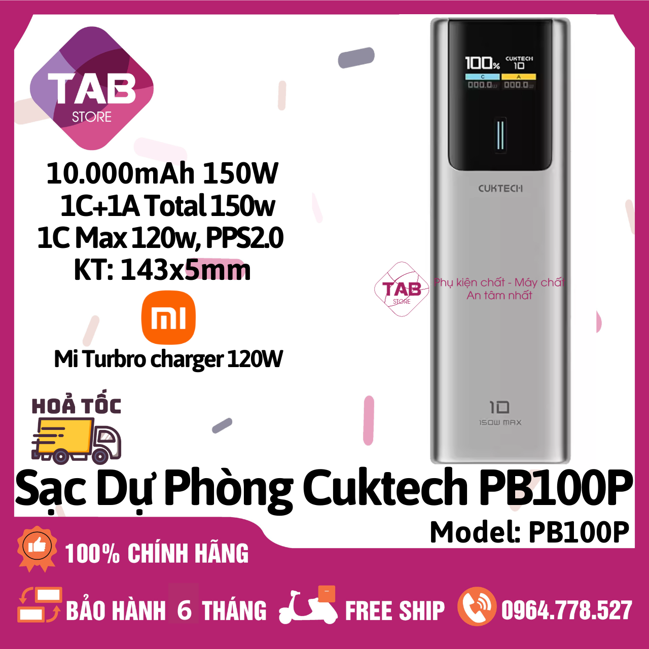 Sạc Dự Phòng Cuktech PB100P 10000mAh 1C1A 150W PD 3.0 PPS5A QC Mi Turbro Charger 120W