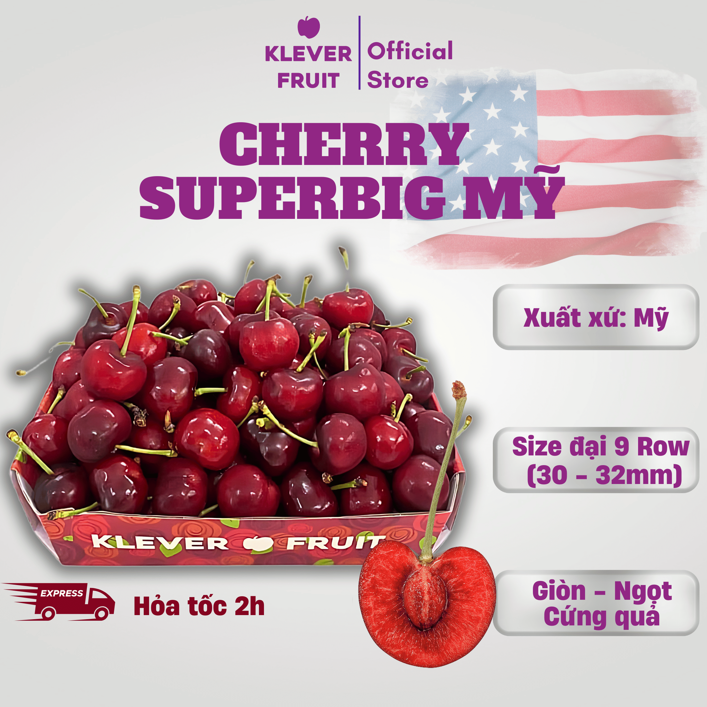 [FLASHSALE] Cherry Super Big Mỹ Nhập Khẩu Chính Ngạch - USA Cherry Size Lớn 9 Row (30-32mm) - Klever Fruit - Cherry Giòn Ngọt Cứng Quả Tươi Ngon - Trái Cây Nhập Khẩu Cao Cấp