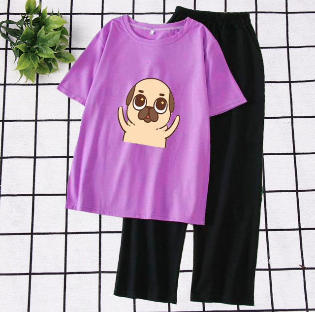 [HAN HAN SHOP 105] Sét Bộ Đồ Quần Áo Nữ Mùa Hè Mặc Đi Chơi Dạo Phố Cá Tính, Mặc Ở Nhà Xinh Cute, Combo Áo Thun Phông Cotton Organic Ngắn Tay Cổ Tròn Mát Mịn In Cún Giơ Tay Kèm Quần Thun & Cát Sạn