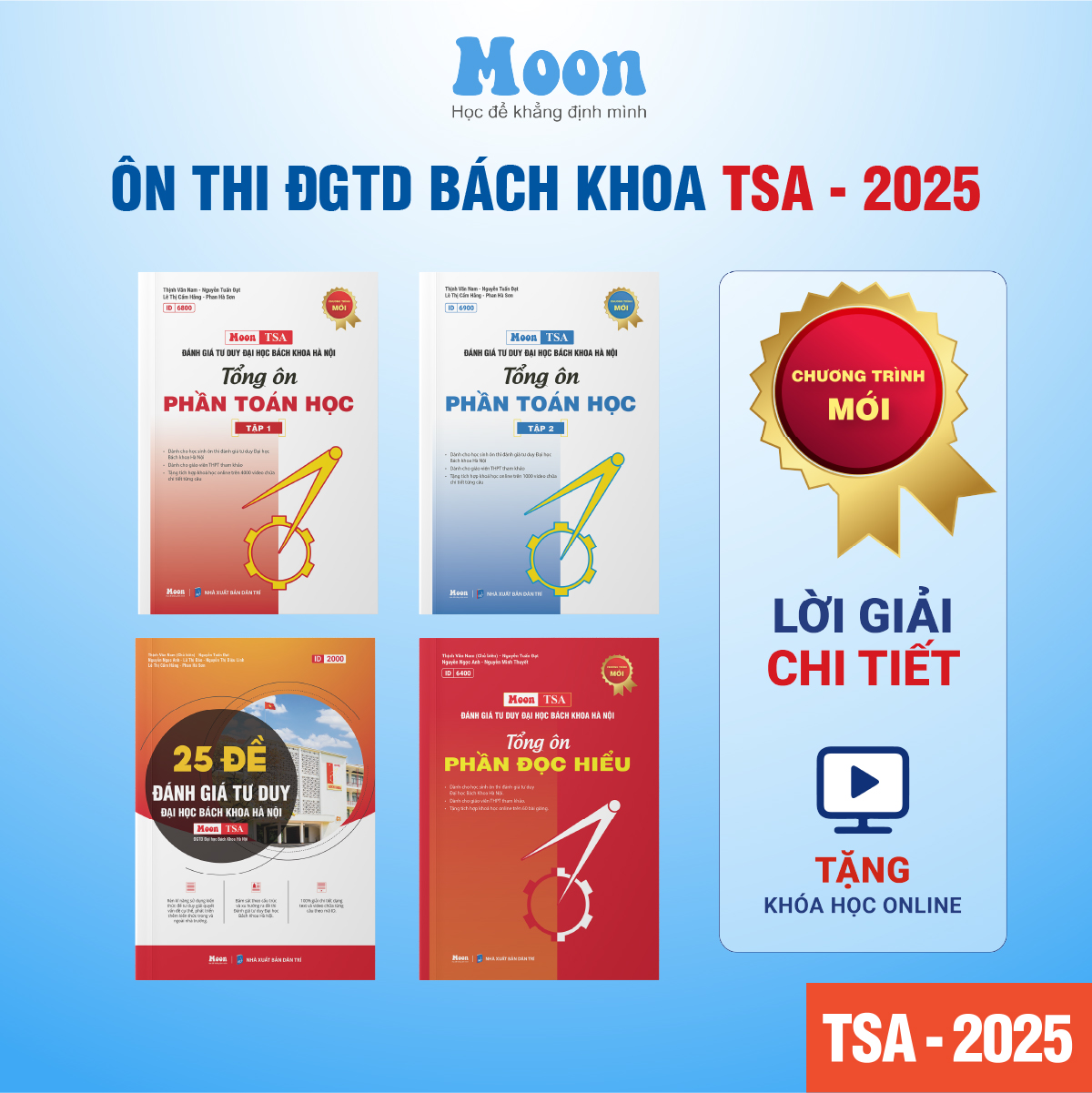 Sách ôn thi đánh giá năng lực 2025 HSA, TSA, APT Theo Chương Trình Mới Moonbook