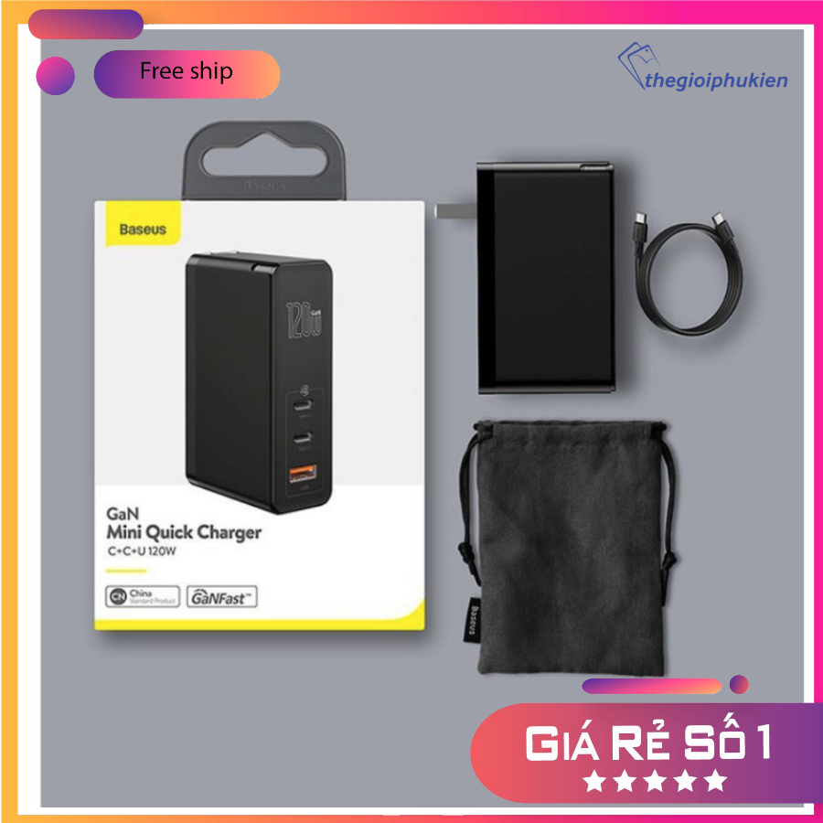 Củ sạc GAN 120w baseus sạc siêu nhanh cho laptop tablet smartphone
