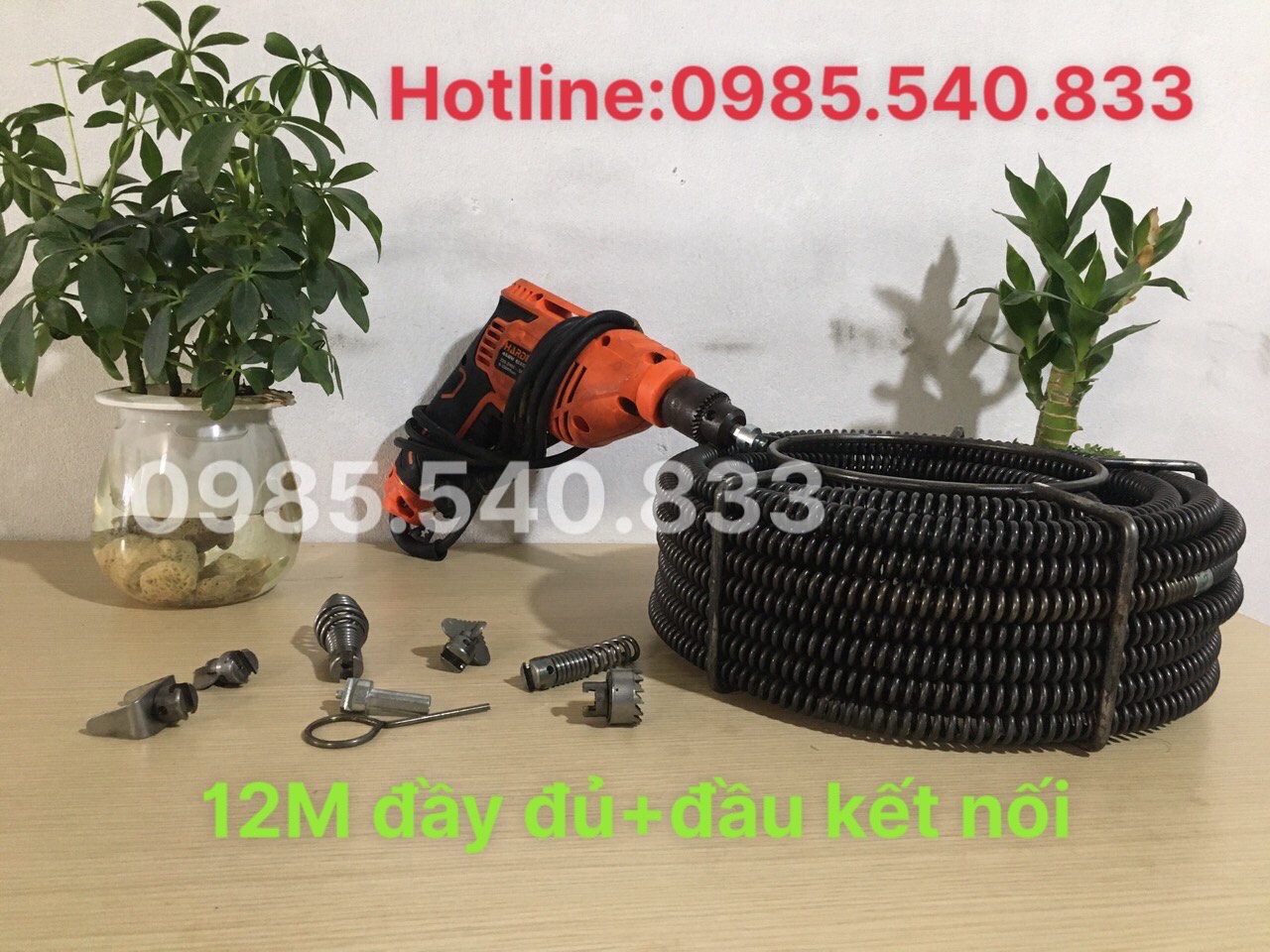 Dây thông tắc cống dùng cho máy khoan ( 12M dây + 6 đầu thông+ đầu kết nối máy khoan )