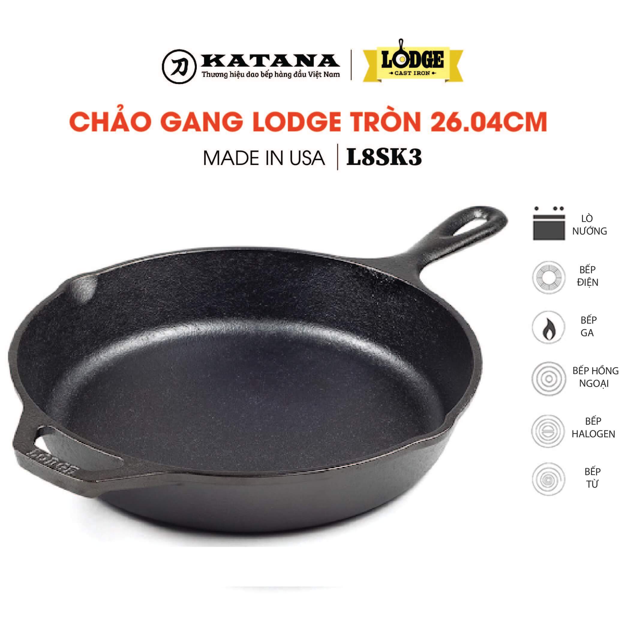 Chảo gang nướng Lodge 26.04cm - Chảo bít tết gang đen siêu bền không dính nhập khẩu từ Mỹ - Bảo hành chính hãng L8SK3