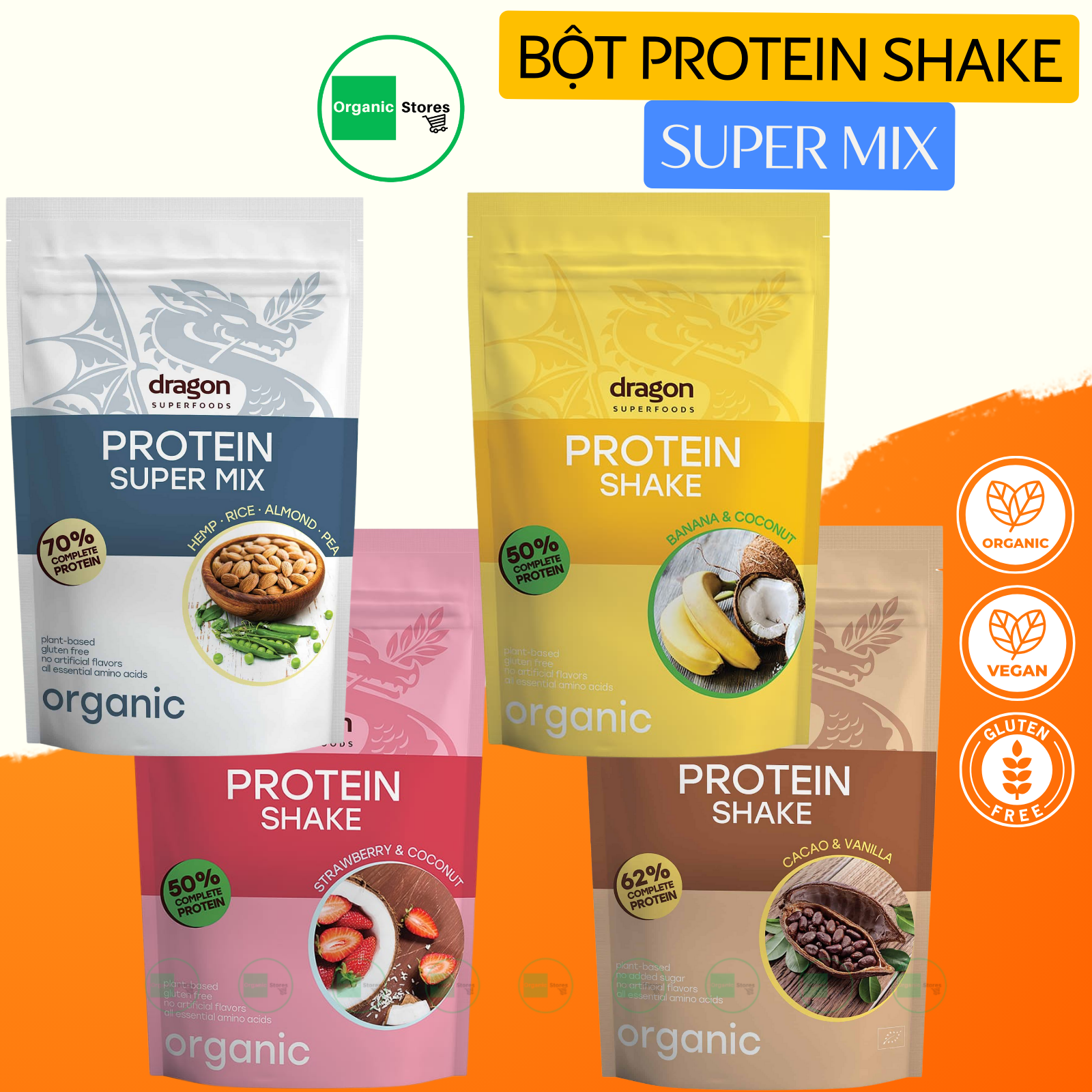 Bột Protein super mix - Shake Hạnh nhân - Gạo - Đậu Hà lan - Hạt gai dầu hữu cơ 500gr - Dragon Superfoods - Ăn Kiêng - Bổ sung chất đạm - Ăn thực dưỡng - Organic Stores