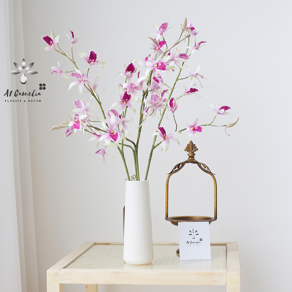 Hoa Giả - Hoa Lan Hoàng Thảo Camelia giống thật Combo bình+ 4 cành lan hoàng thảo +Tặng Kèm Sỏi, Phong Cách Hàn Quốc, Trang Trí Phòng Sang Trọng