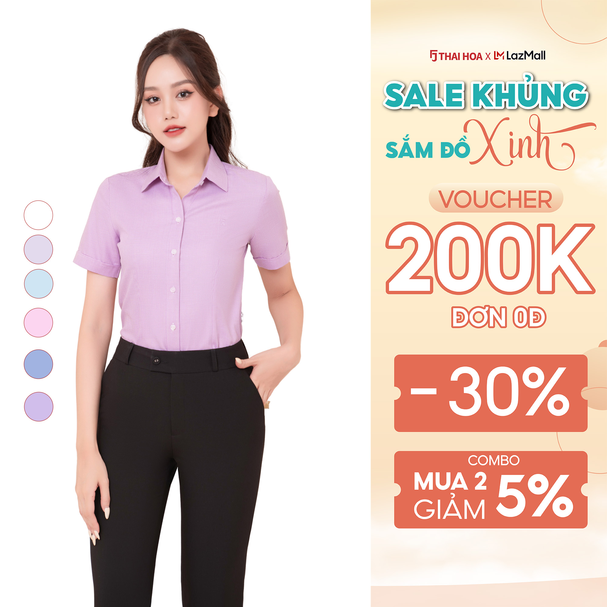 Áo sơ mi nữ công sở thiết kế ngắn tay sọc kẻ nhuyễn nhiều màu Thái Hòa ASW0301-R05