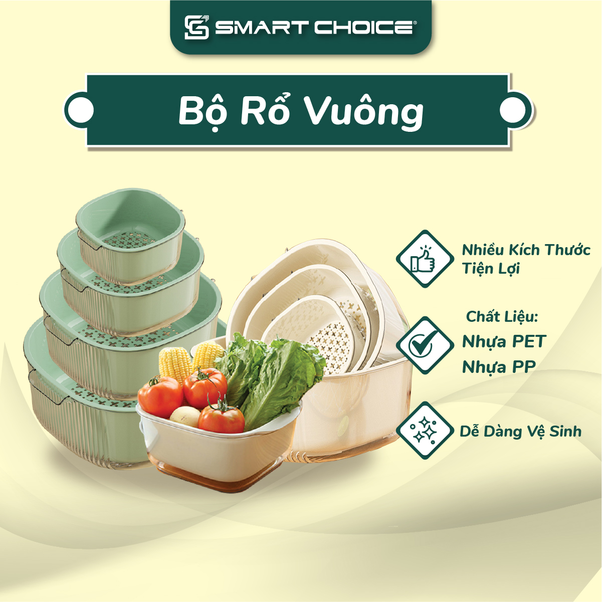 Bộ rổ thau 2 lớp thau pet rổ pp smartchoice 2 màu 4 cỡ đa năng tiện dụng