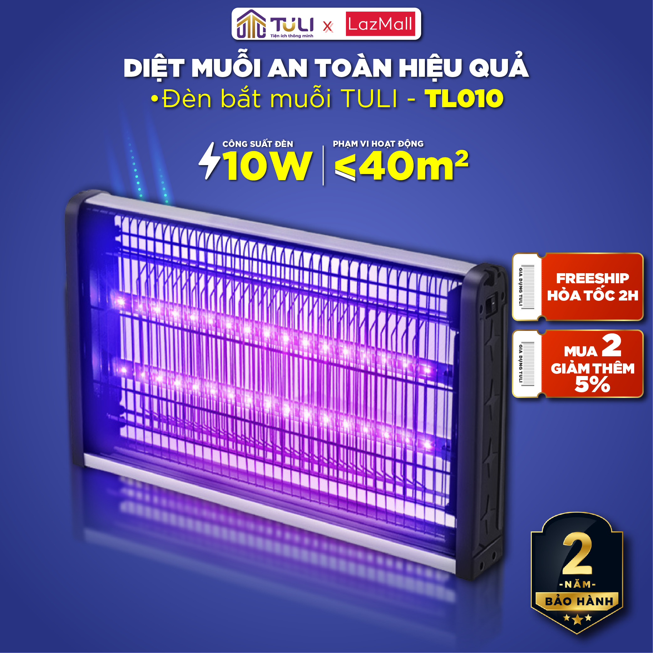 Đèn bắt muỗi TULI TL010, Công Suất 10W, Thu hút diệt đuổi côn trùng, Hiệu quả An toàn Không độc hại, BH 24 Tháng