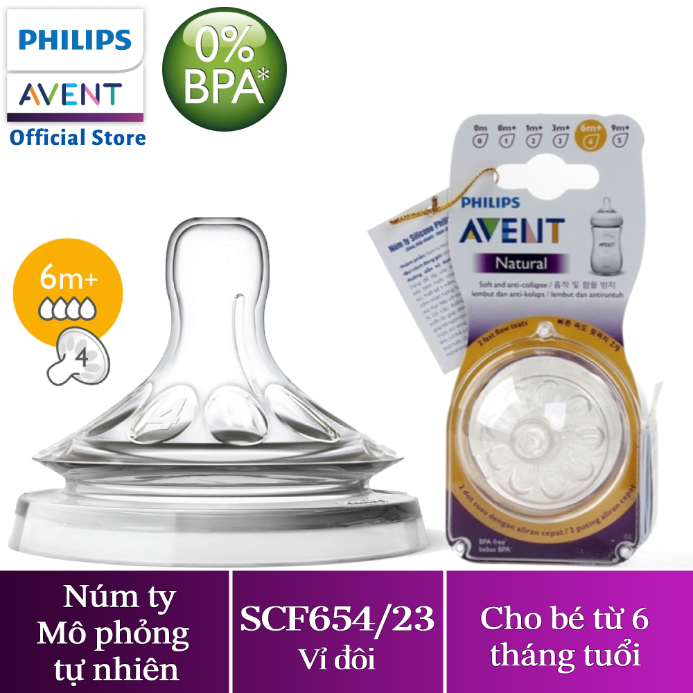 Núm ty Silicone Philips Avent trẻ từ 6 tháng 3 lỗ - tốc độ dòng chảy mức 4 (natural) SCF654/23