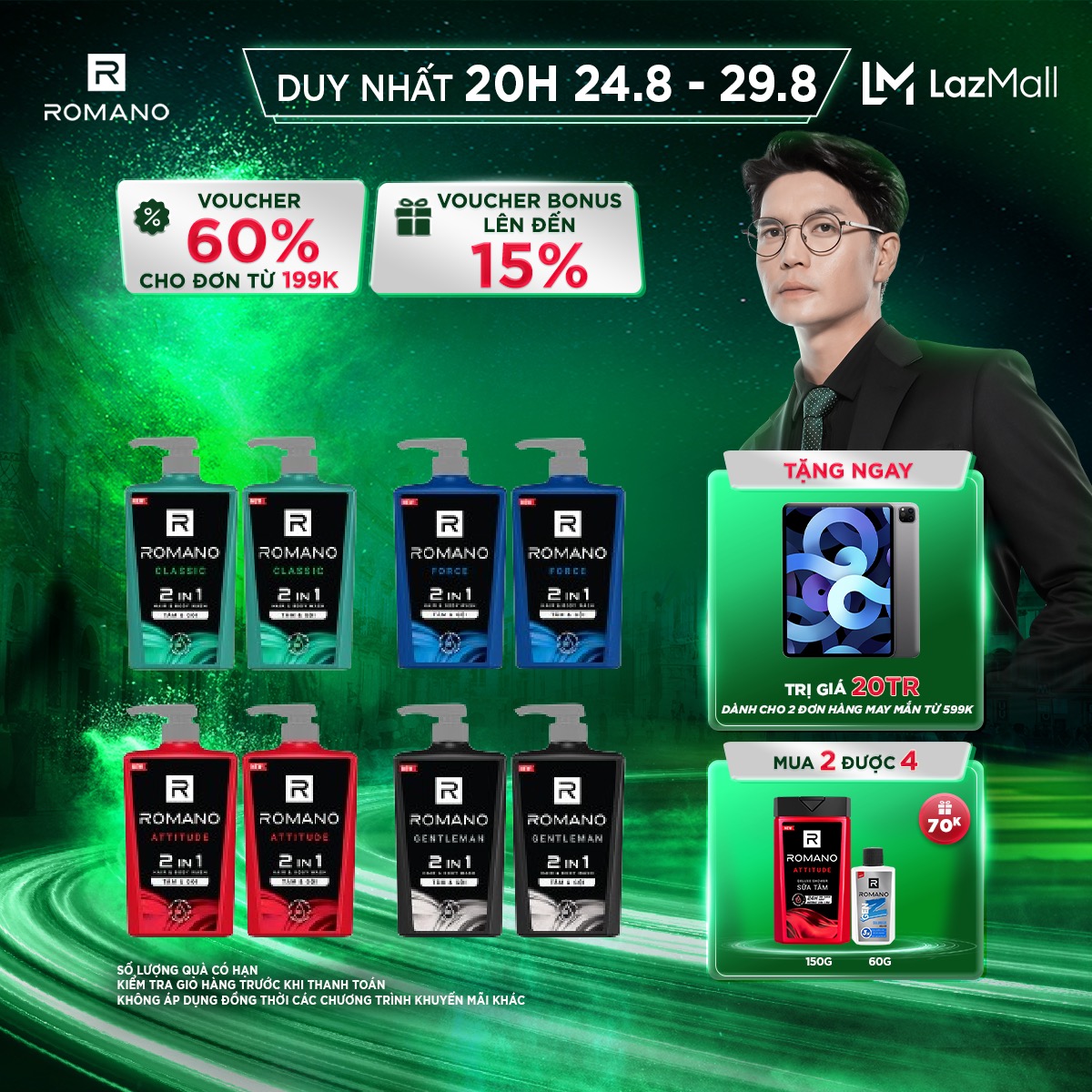 [Lazada trợ giá 25K] Combo Tắm gội 2 trong 1 Romano 2in1 650g/chai