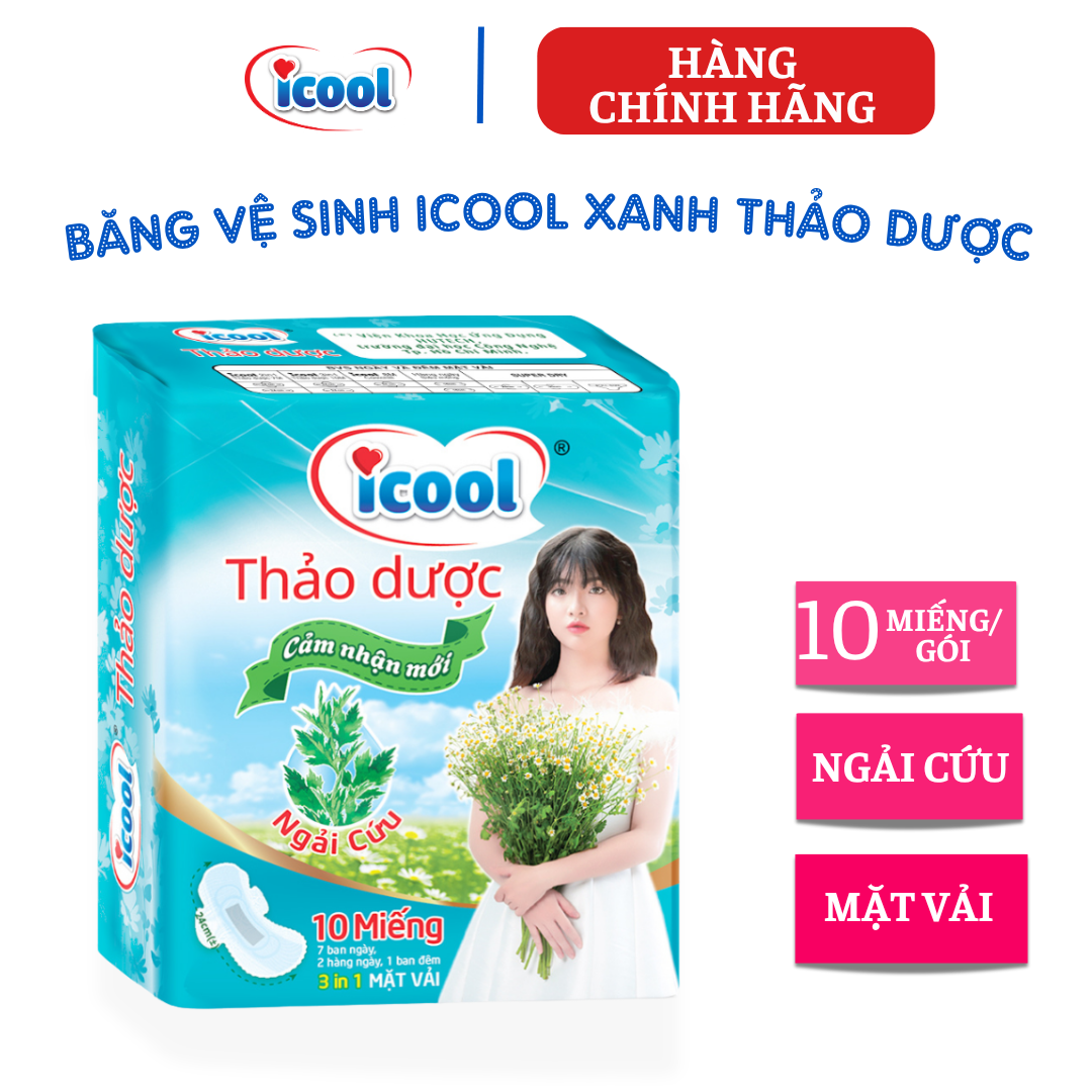 {Hàng chính hãng}   Băng vệ sinh ICOOL Thảo Dược Xanh  mới 10 miếng, BVS ban ngày 24cm, có cánh, MẶT VẢI  siêu mềm, KHÔNG MÁT, 3in1.