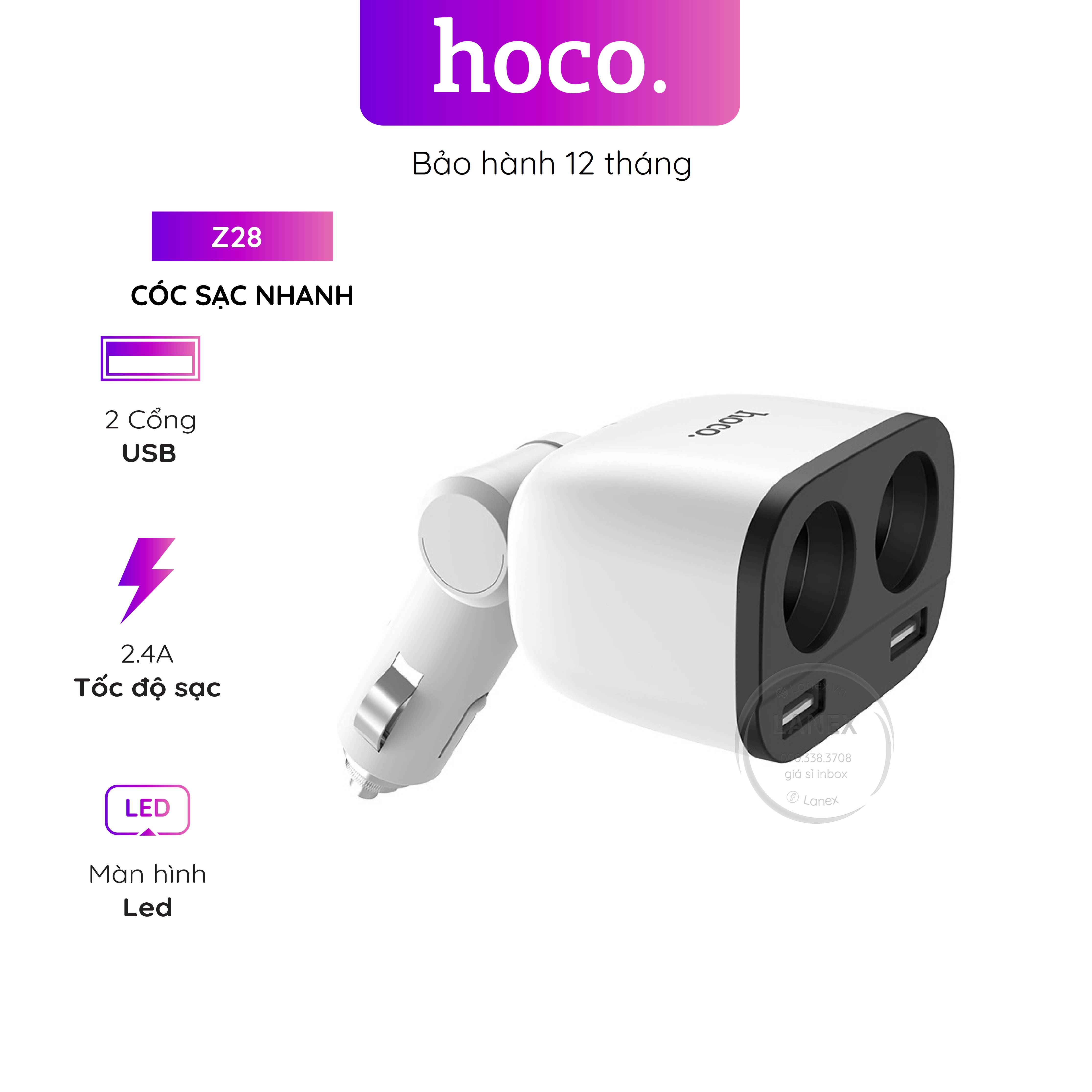 Cóc sạc nhanh hoco z28 xe hơi 2 cổng usb 2.4a màn hình led