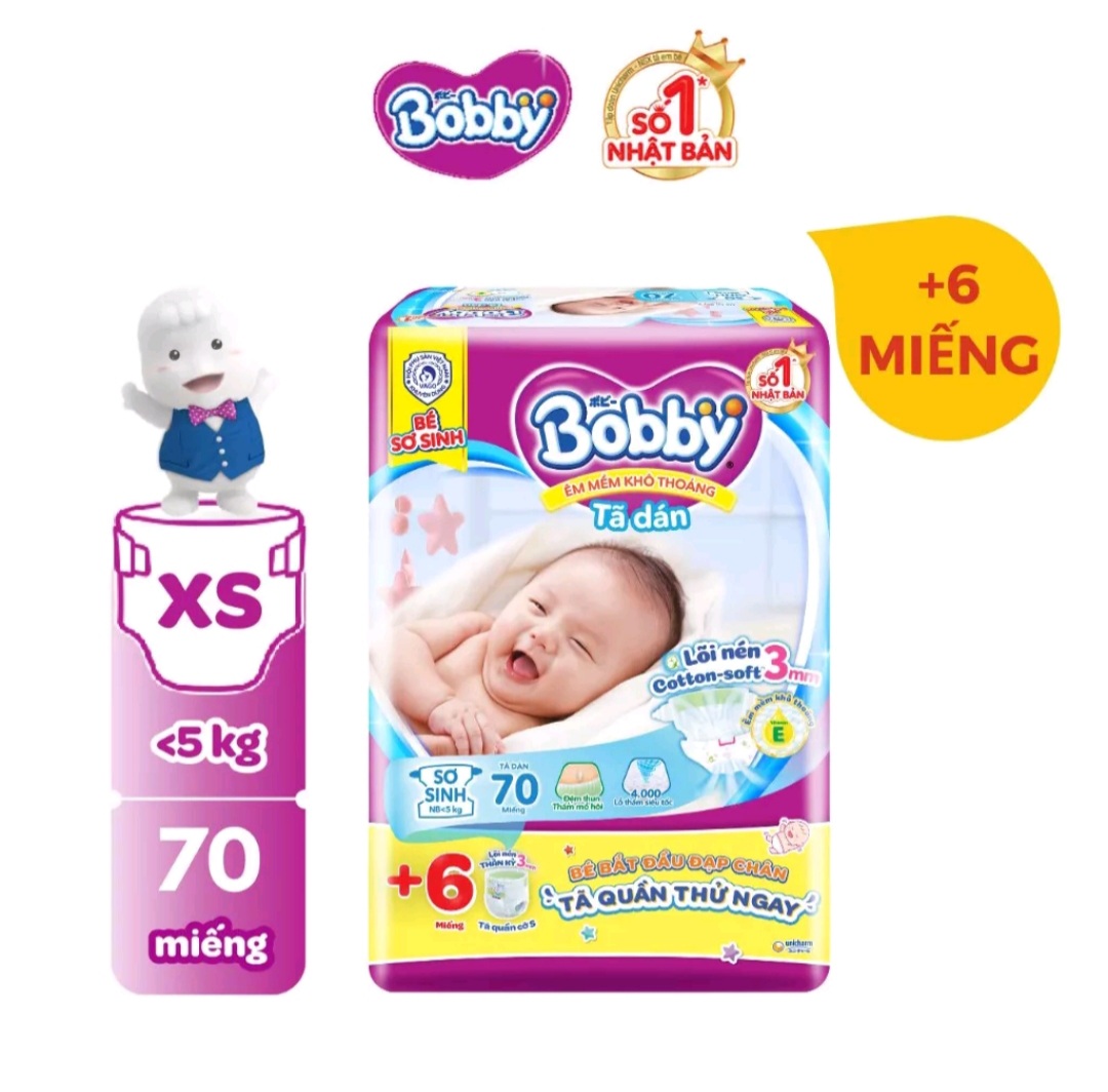 Tã dán sơ sinh Bobby NB70 mới 70 miếng- Lõi nén cotton-soft 3mm dành cho trẻ dưới 5kg