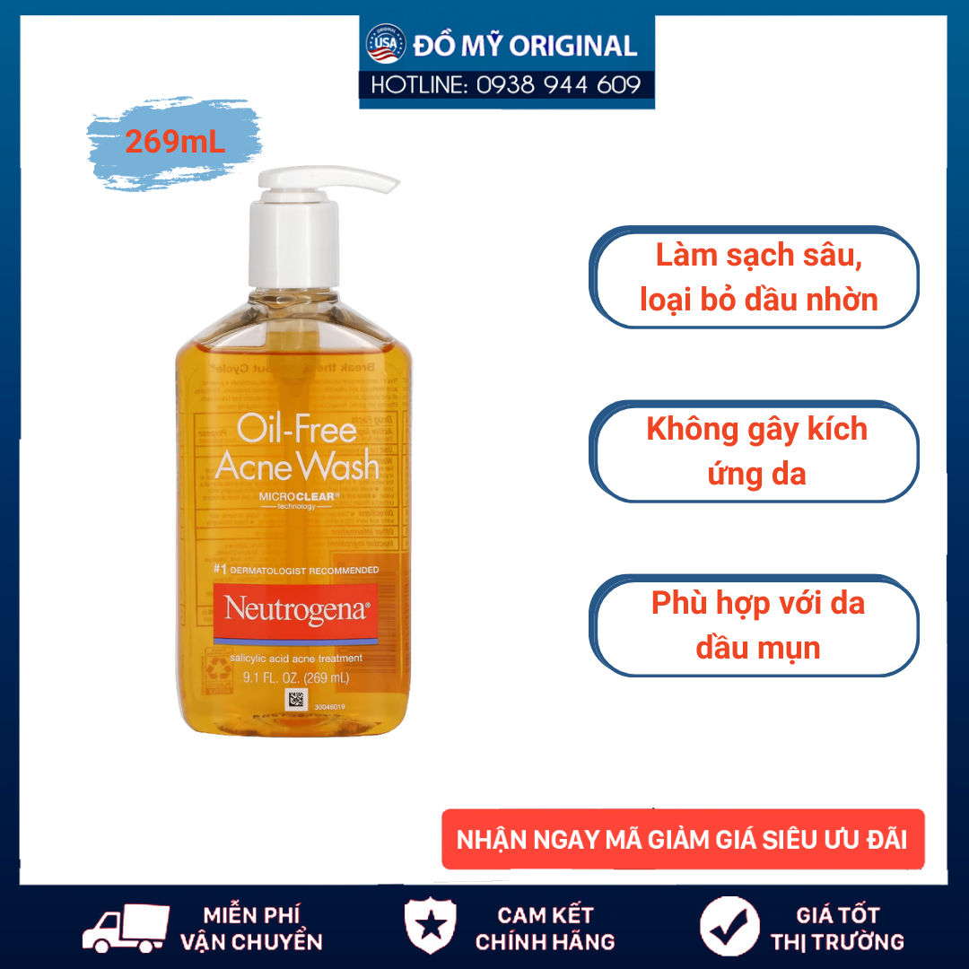 Sữa Rửa Mặt Neutrogena Oil-Free Acne Wash 177ml - 269ml Nhập Mỹ Dành Cho Da Dầu Da Dễ Dị Ứng Nổi Mụn Giúp Năng Ngừa Và Tẩy Sạch Mụn