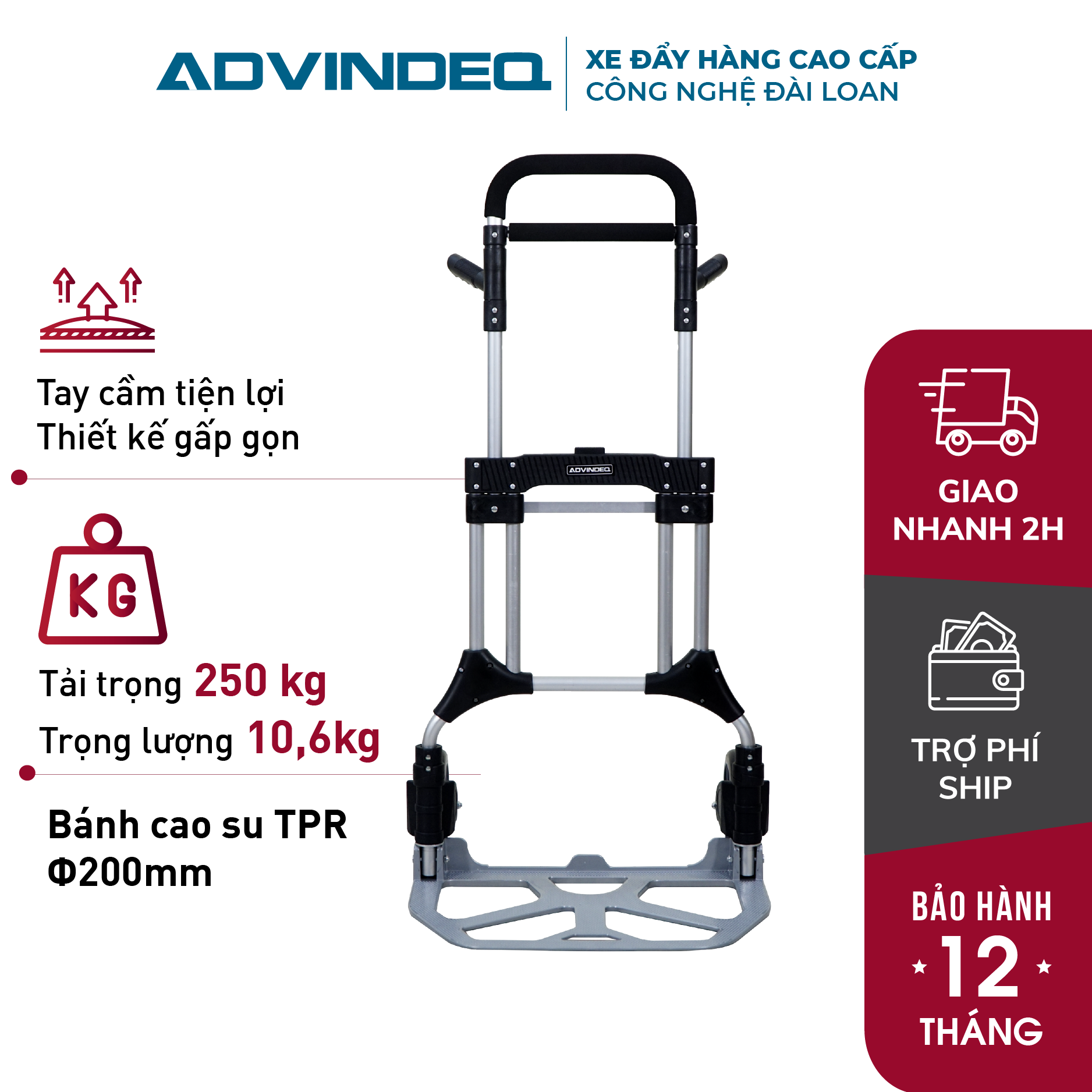 Xe đẩy kéo hàng 2 bánh gấp gọn advindeq tl-a250 tải trọng chở hàng 250kg chính hãng bảo hành 12 tháng