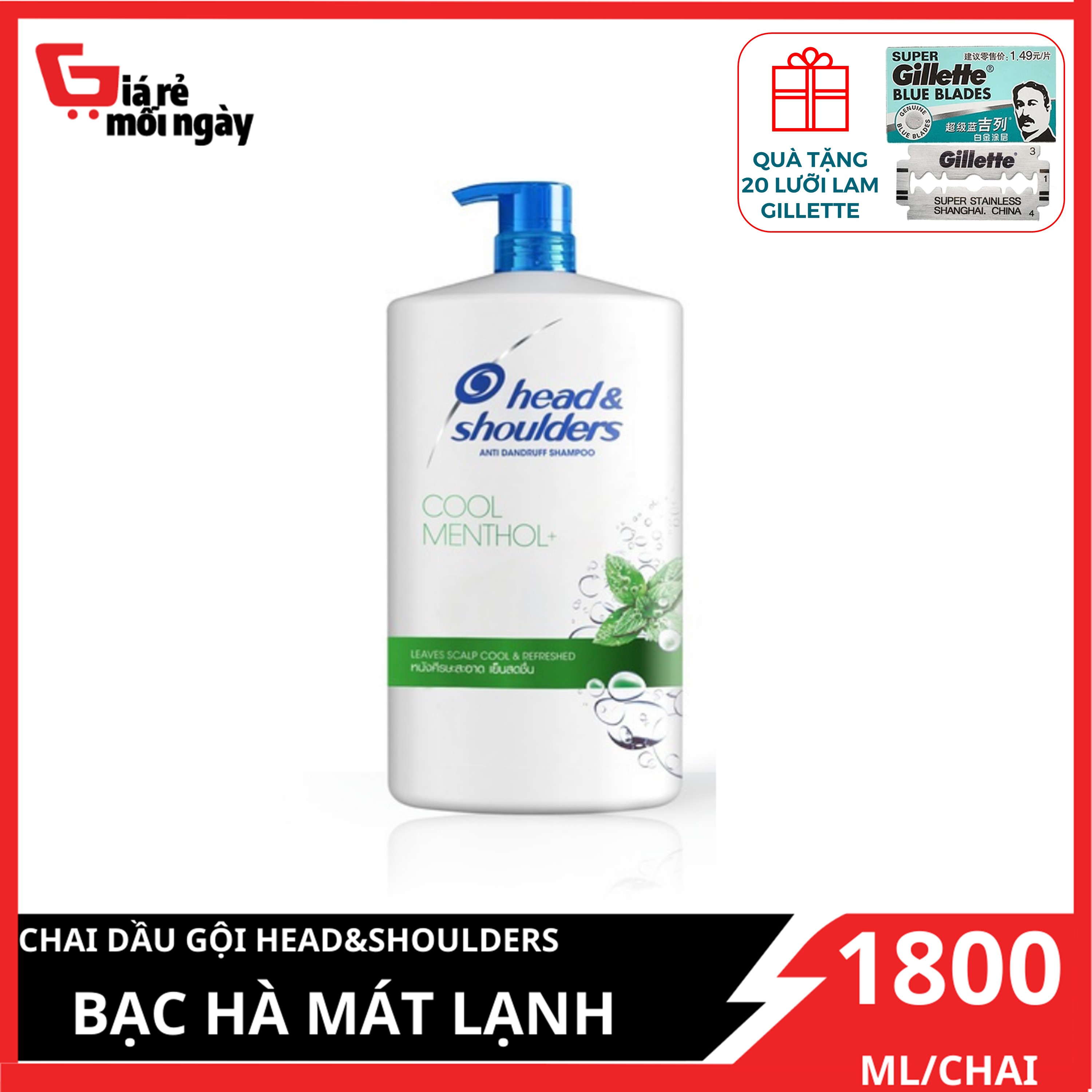 Dầu gội siêu to Head&Shoulders Bạc hà 1800ml tặng kèm 20 lưỡi lam London