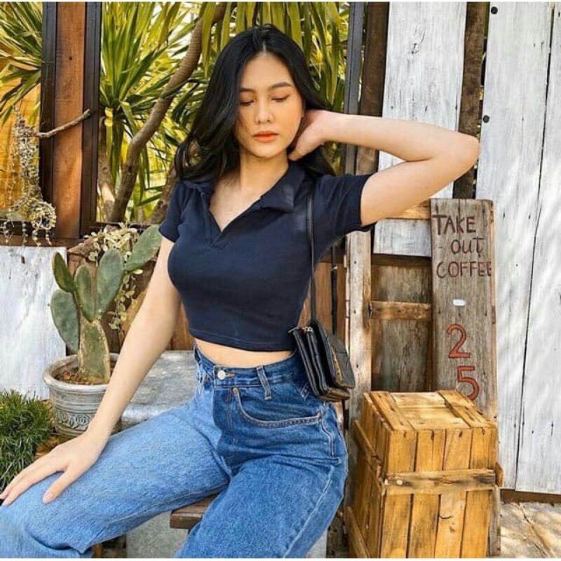 Áo thun nữ dáng croptop cổ bẻ chất đẹp