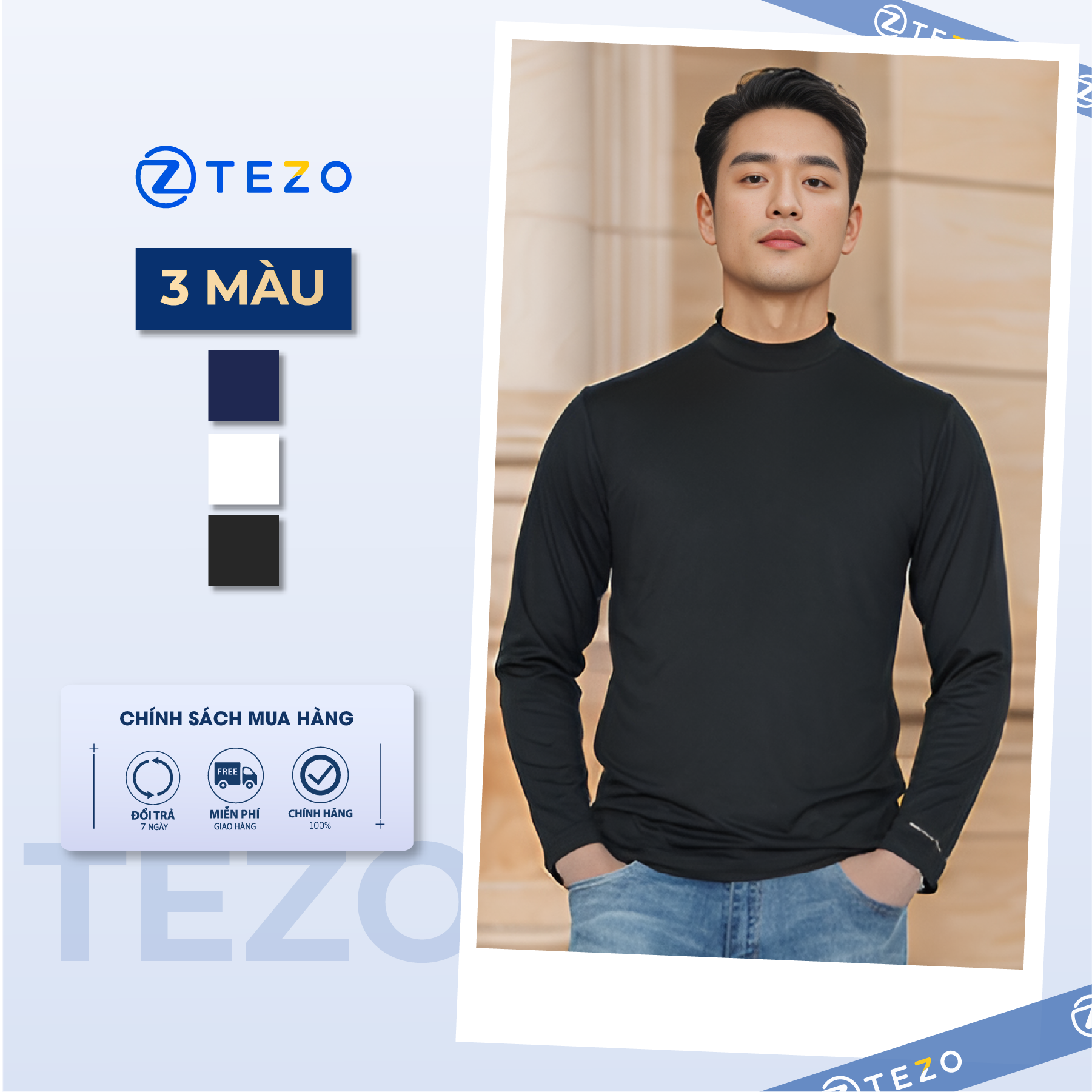 Áo giữ nhiệt nam TEZO áo thun nam dài tay cổ 3 phân in cửa tay 24AT3T019