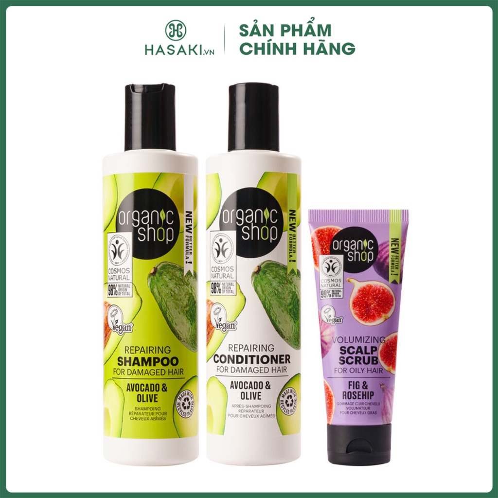 Bộ sản phẩm organic shop gội xả & tẩy tế bào chết da đầu hasaki sản phẩm chính hãng