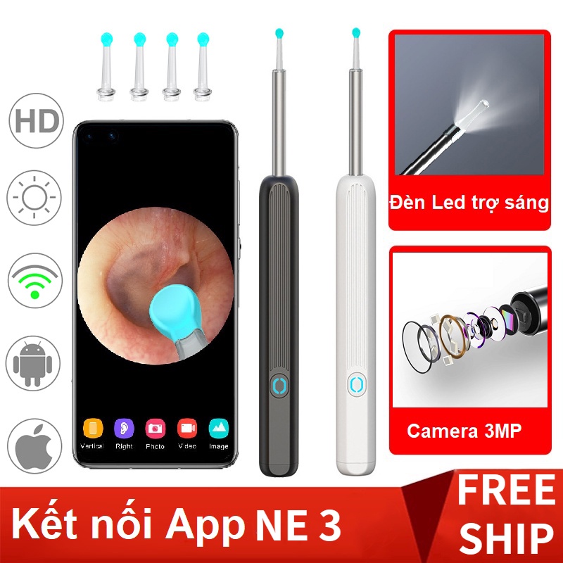 Dụng Cụ Lấy Ráy Tai Nội Soi NE3 - Máy Lấy Ráy Tai Có Đèn Kèm Camera Thông Minh - Kết Nối APP Điện Th