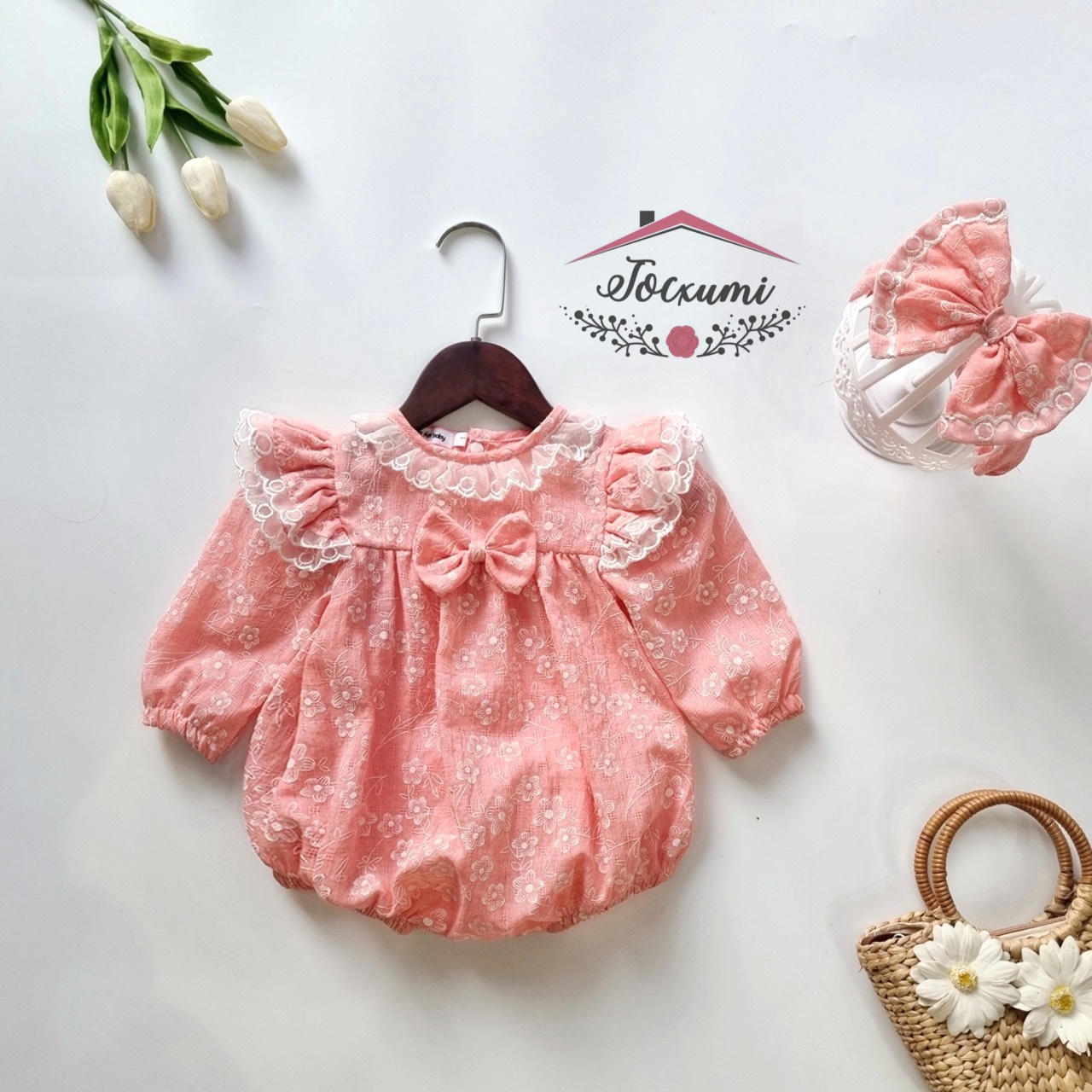 Body hoa tiểu thư ren hồng dâu dài tay - tocxumi