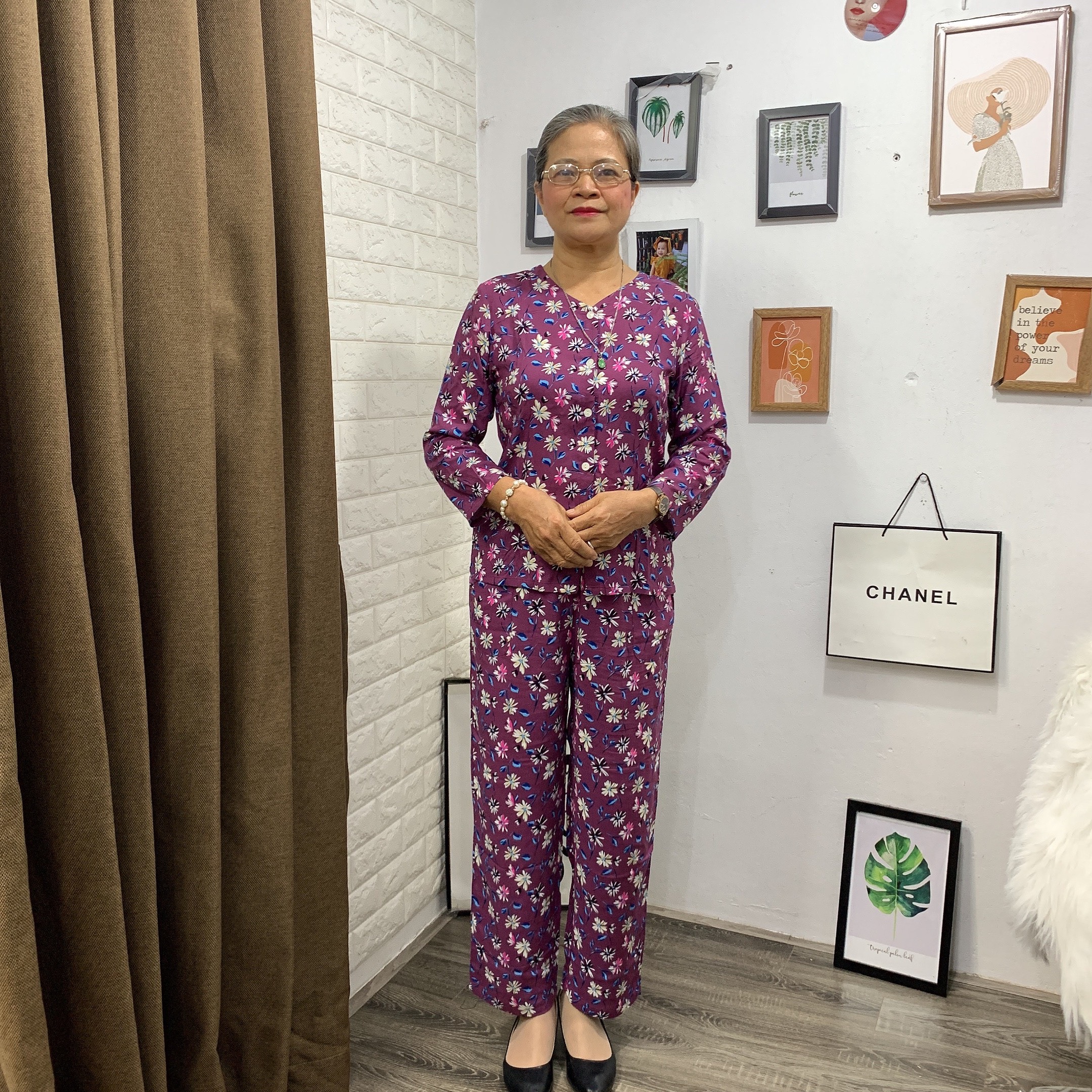 Bộ lanh mở khuy áo dài tay quần dài cho người già