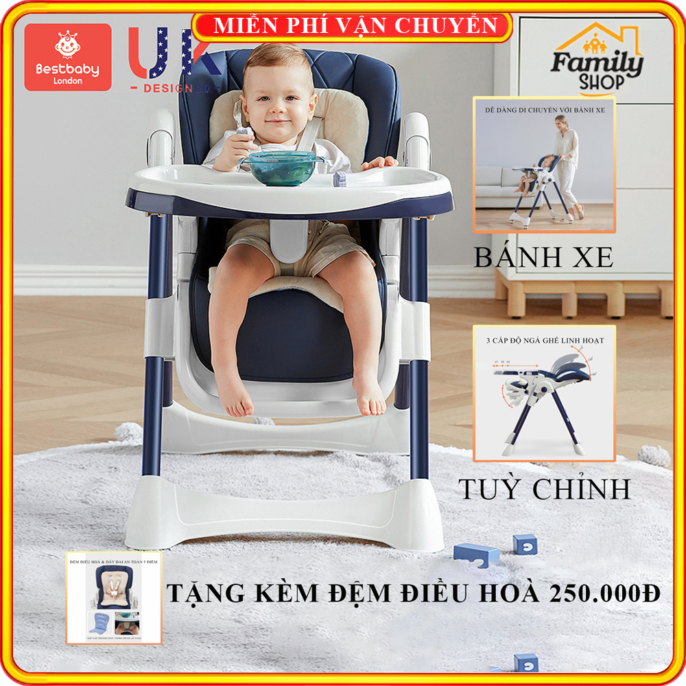 Ghế ăn dặm cao cấp 5 cấp độ điều chỉnh độ cao, 3 cấp độ ngả ghế, bàn ăn 2 chế độ dễ dàng đi chuyển với bánh xe tặng đệm điều hòa