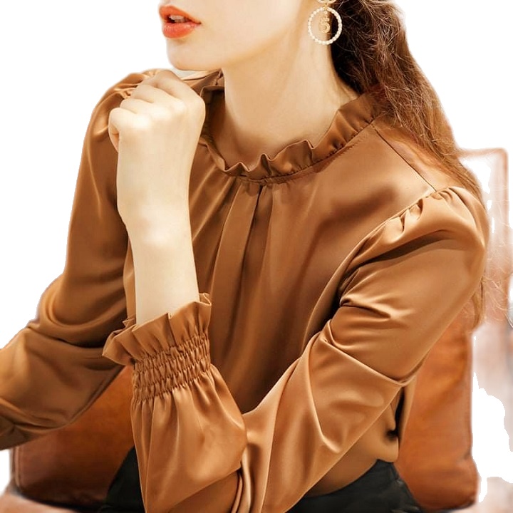 Áo nữ kiểu cổ nhún tay dài bo thun vải Satin lụa siêu đẹp
