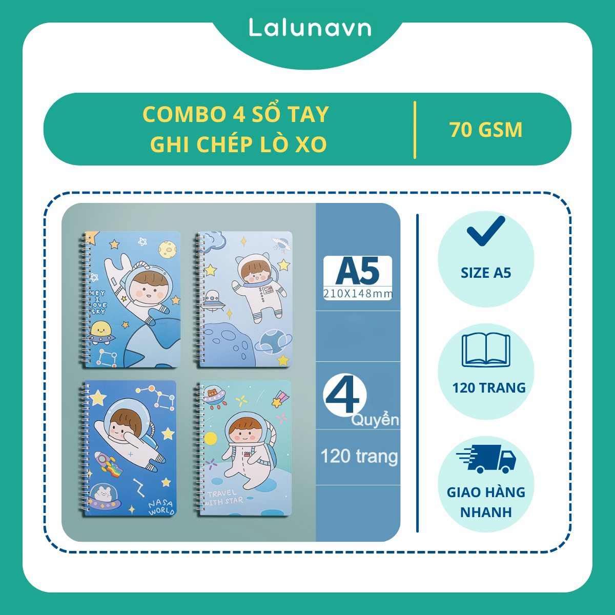 Combo 4 Sổ tay ghi chép lò xo cute học sinh A5 120 trang phong cách Hàn Lalunavn - B10